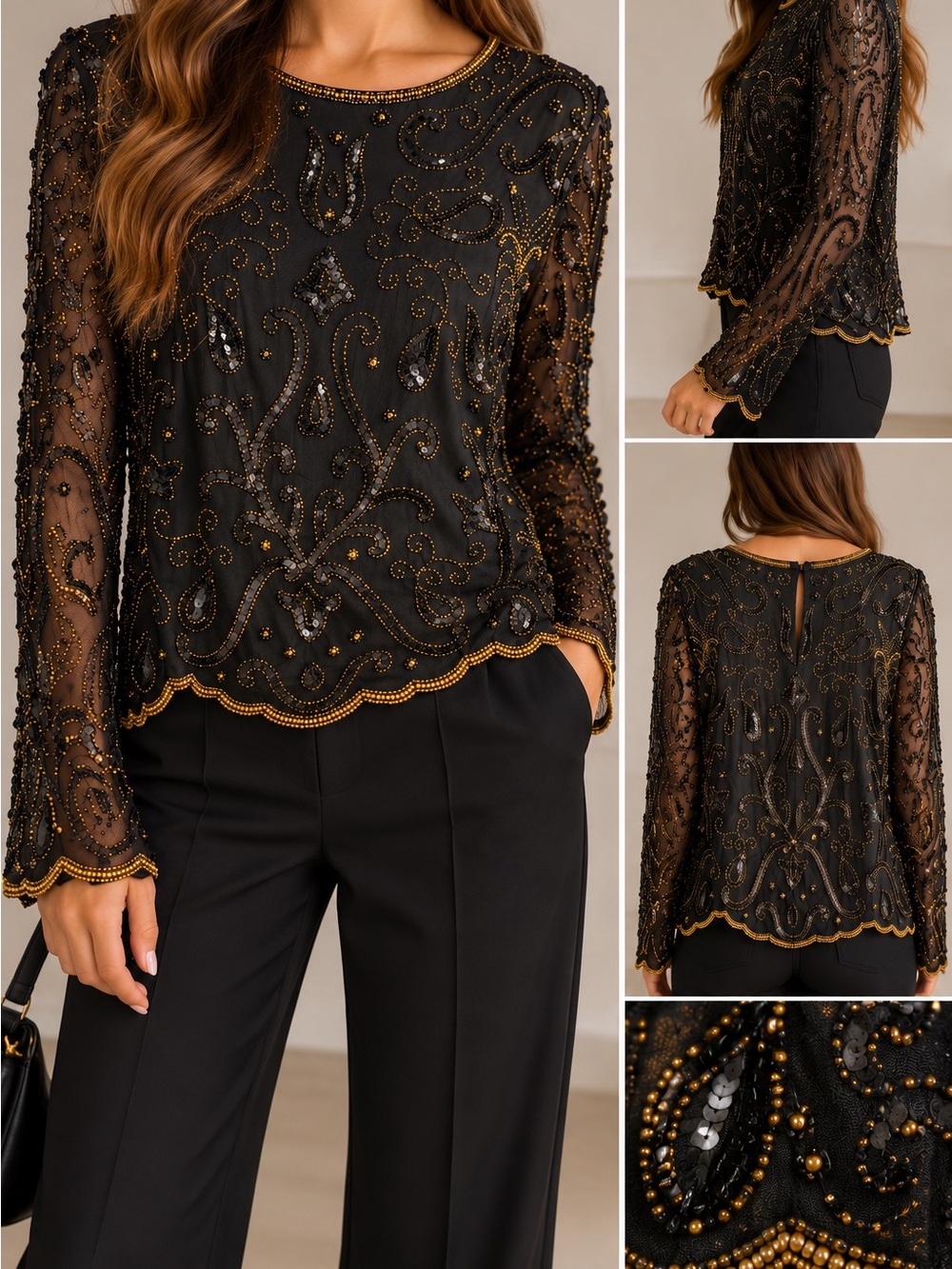 Vintage Patra 3X Black Silk Beaded Sequin Gold Evening Top